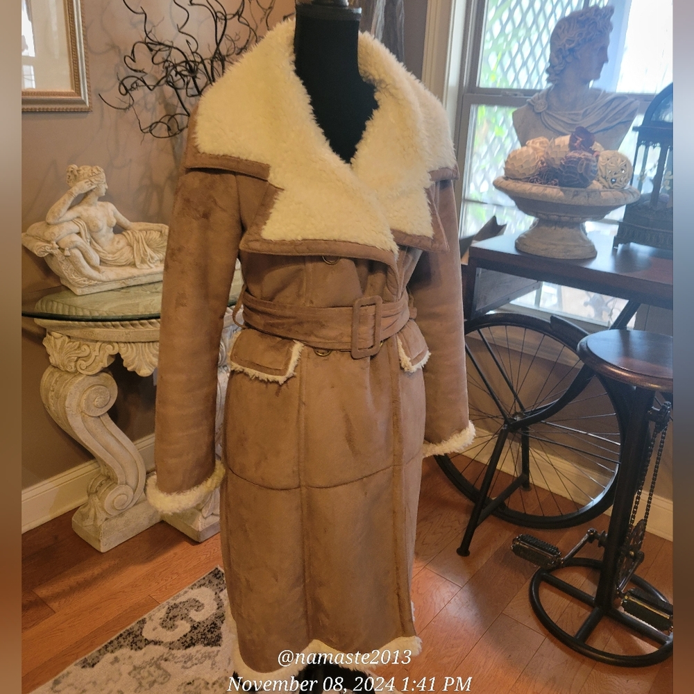 Bebe Micro Fiber Faux Shearling Faux Suede Coat Designer Luxury Lined #73